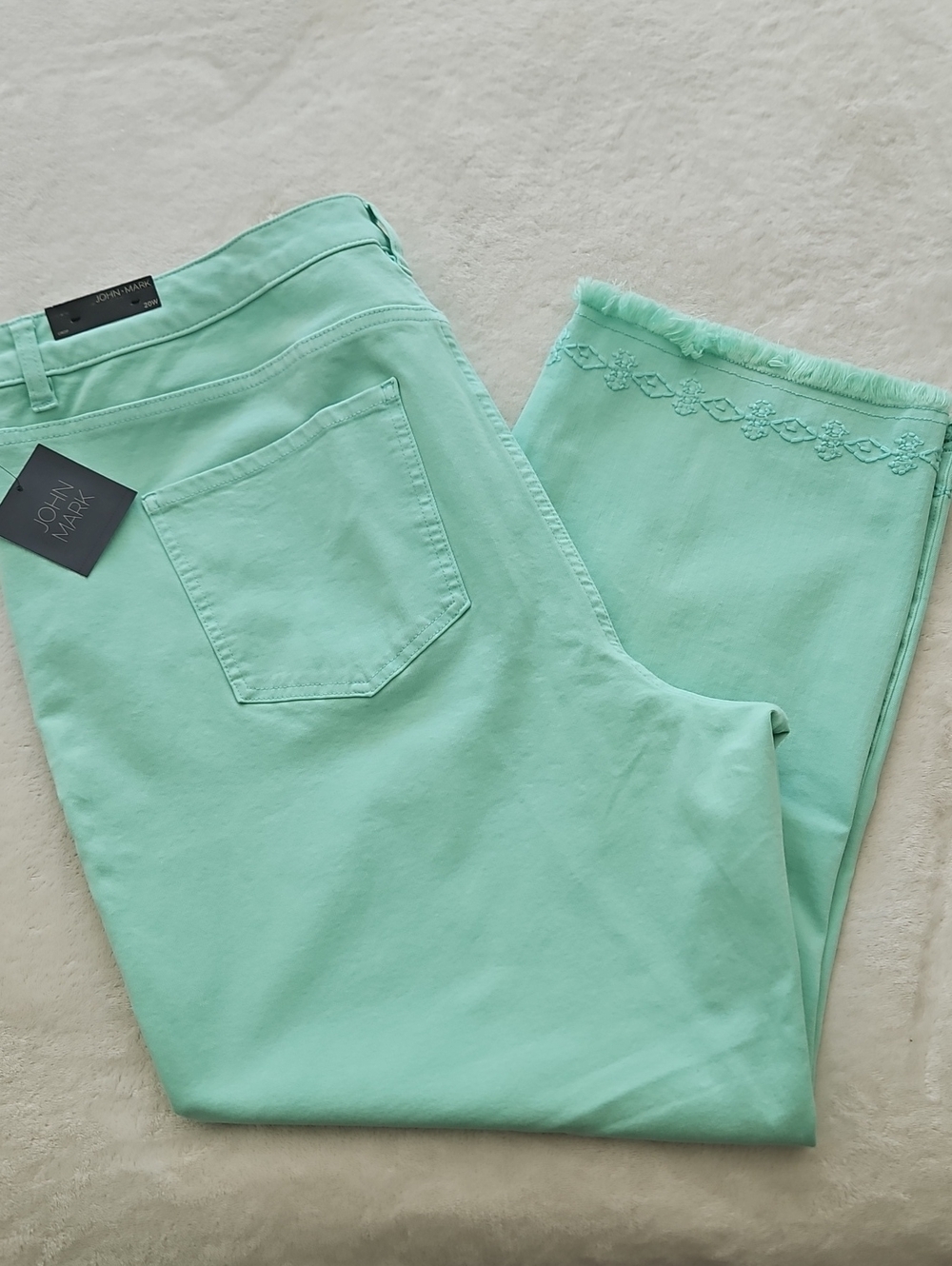 John Mark Straight Leg Cropped Pant With Embroidered Detail/Raw Hem:‎ Aqua: 20W